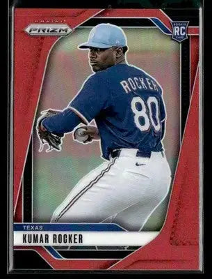 Baseball trading card of Kumar Rocker in a blue jersey from Panini Prizm Texas Rangers