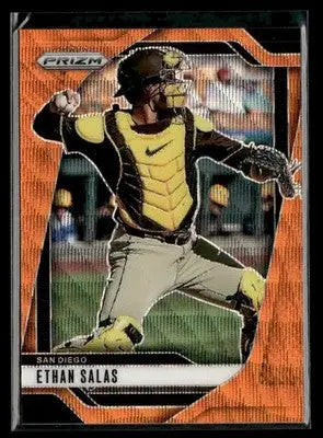 Baseball trading card of Ethan Salas in catcher’s gear from Panini Prizm Orange Wave Prizm
