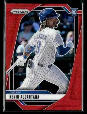 Red and white Panini Prizm Kevin Alcantara baseball trading card featuring Chicago Cubs player in blue helmet
