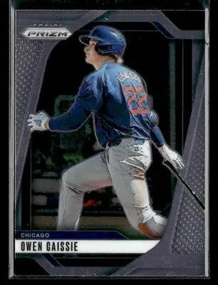 Baseball trading card of Owen Caissie in blue jersey from Panini Prizm Chicago Cubs