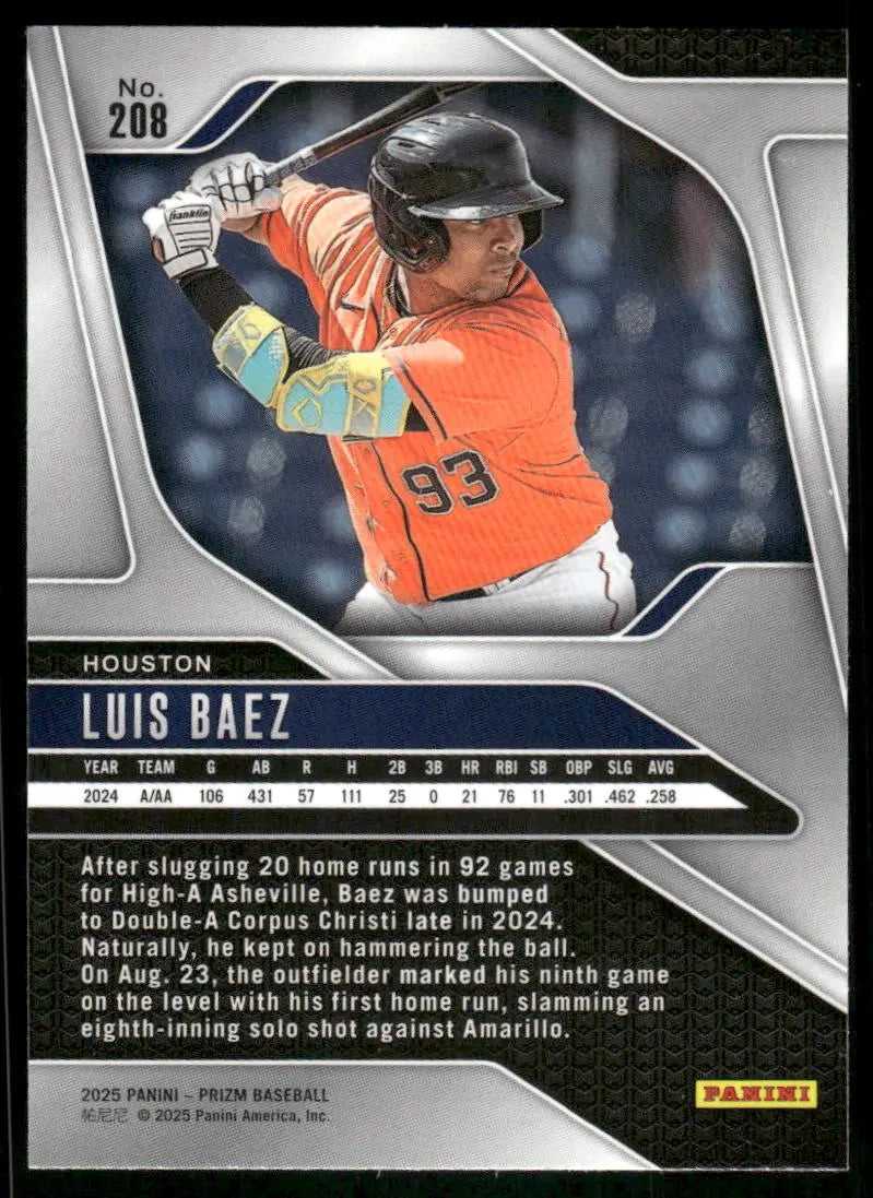 Baseball Luis Baez trading card from 2025 Panini Prizm Baseball featuring Houston Astros player