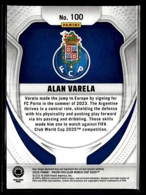 Back of 2025 Panini Prizm FIFA Club World Alan Varela trading card, number 100