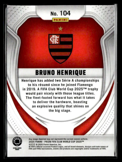Collectible Panini Prizm FIFA Club World Cup trading card featuring Bruno Henrique and Flamengo crest