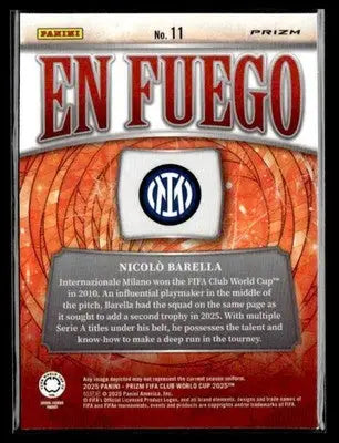 Collectible Nicolò Barella soccer trading card from 2025 Panini Prizm FIFA Club World Cup
