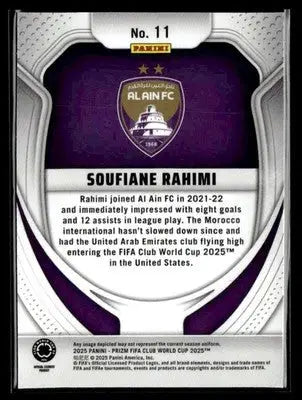 Back of 2025 Panini Prizm FIFA Club World Soufiane Rahimi trading card with bio