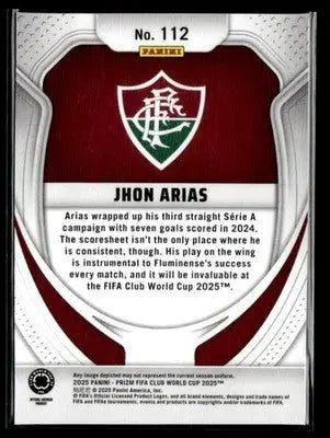 Collectible Panini Prizm FIFA card of Jhon Arias with team logo and stats for FIFA Club World