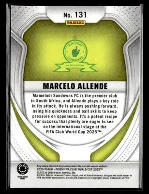 Back of a collectible Panini Prizm FIFA Club World Cup soccer trading card featuring Marcelo Allende