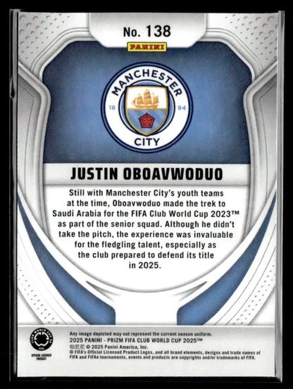 Collectible Panini Prizm FIFA Club World card featuring Justin Oboavwoduo and Manchester City logo