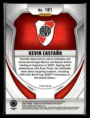 Back of a Panini Prizm FIFA Club World Cup 2025 Kevin Castaño trading card