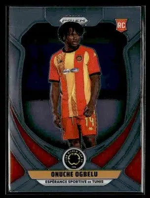 Collectible football trading card of Onuche Ogbelu in red and yellow jersey from Panini Prizm FIFA Club World Cup