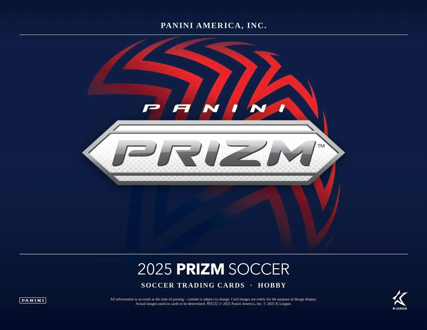 Promotional poster for 2025 Panini Prizm Soccer hobby box featuring white tiger parallel