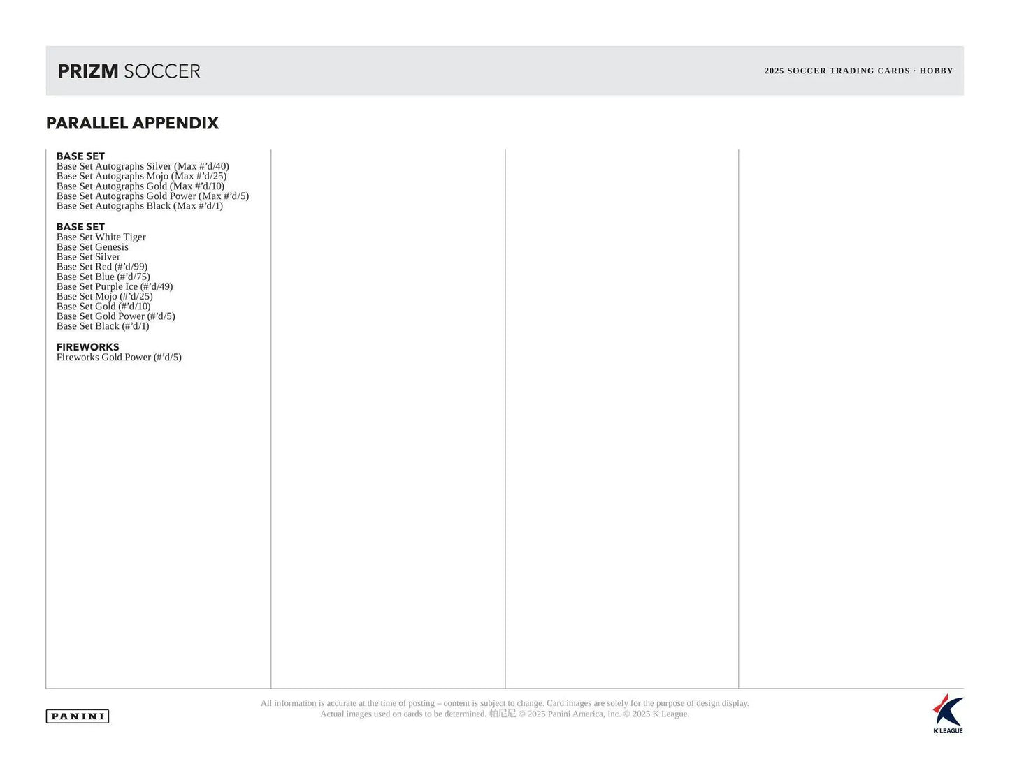 Checklist of parallel cards including White Tiger Parallel in 2025 Panini Prizm K League Soccer hobby box
