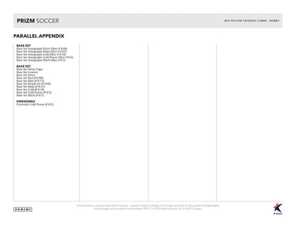 Checklist of parallel cards including White Tiger Parallel in 2025 Panini Prizm K League Soccer hobby box