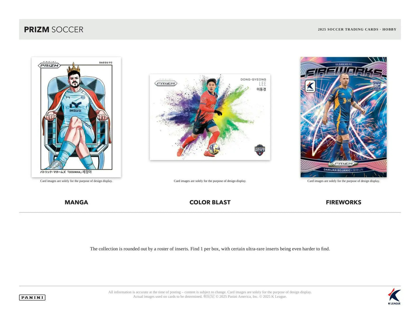 2025 Panini Prizm K League Soccer hobby box with collection of Prizm Soccer trading cards featuring white tiger parallel