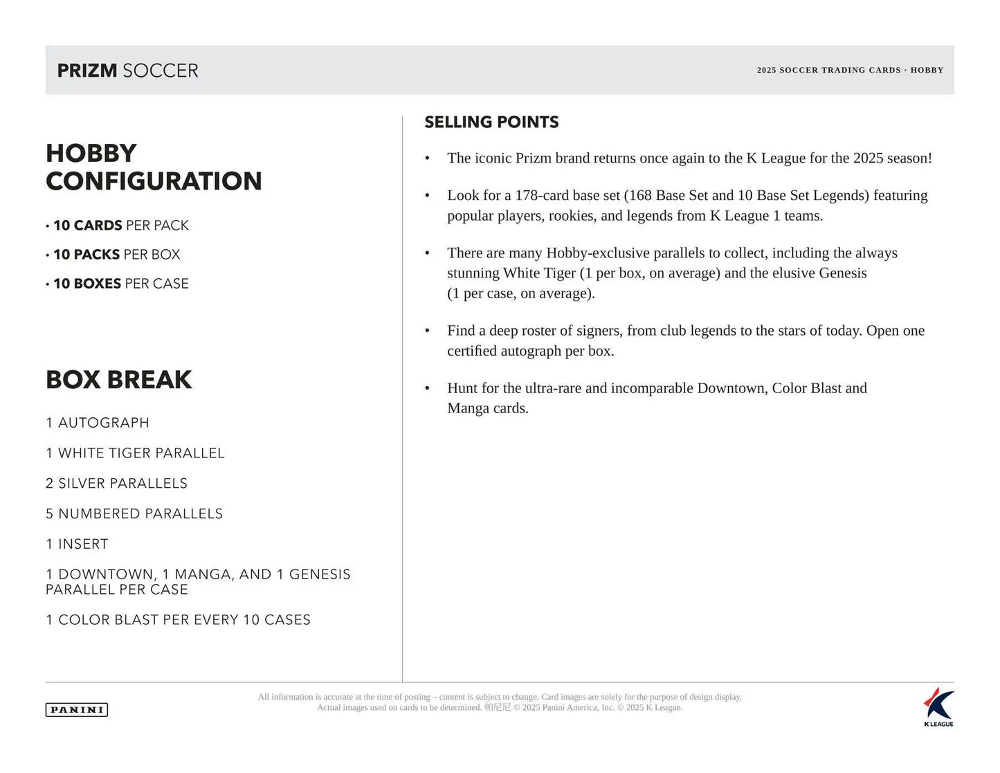 Product sheet for Panini Prizm Soccer hobby box with White Tiger Parallel at Columbia Sports Cards