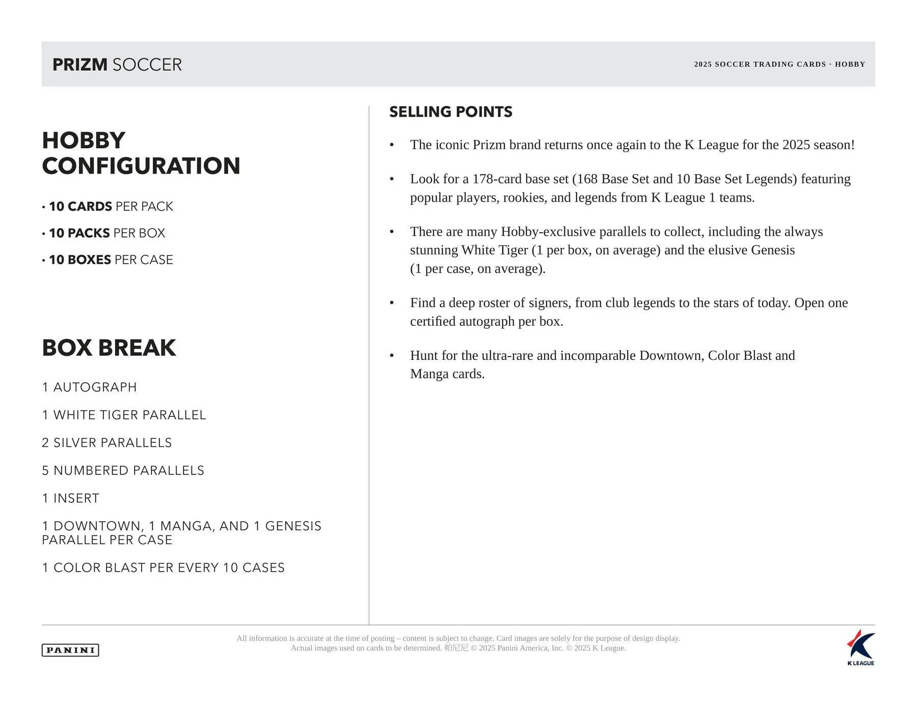 Product sheet for Panini Prizm Soccer hobby box with White Tiger Parallel at Columbia Sports Cards