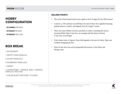 Product sheet for Panini Prizm Soccer hobby box with White Tiger Parallel at Columbia Sports Cards