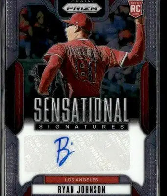 Baseball trading card with Ryan Johnson autograph and image in red jersey from Panini Prizm