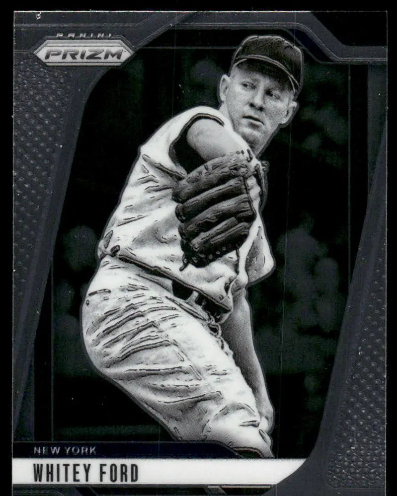 Black and white Baseball card of Whitey Ford in pitching pose from Panini Prizm Whitey Ford series