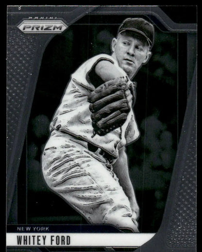 Black and white Baseball card of Whitey Ford in pitching pose from Panini Prizm Whitey Ford series