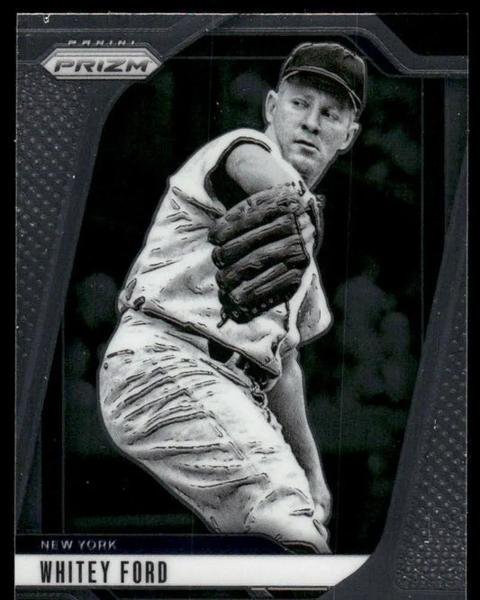 Black and white Baseball card of Whitey Ford in pitching pose from Panini Prizm Whitey Ford series