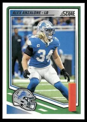 Football trading card featuring Alex Anzalone in a blue Detroit Lions uniform from Panini Score Alex series
