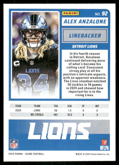 2025 Panini Score Alex Anzalone football trading card featuring Score Alex Anzalone #92