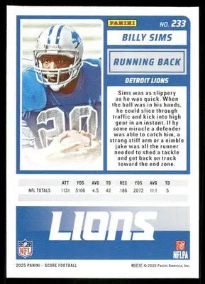 2025 Panini Score Billy Sims #233 Football - Trading Card