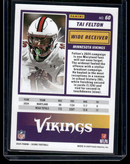2025 Panini Score Football Tai Felton #60 RC Football - Football Card