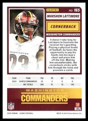 2025 Panini Score Marshon Lattimore #165 Football - Football Card