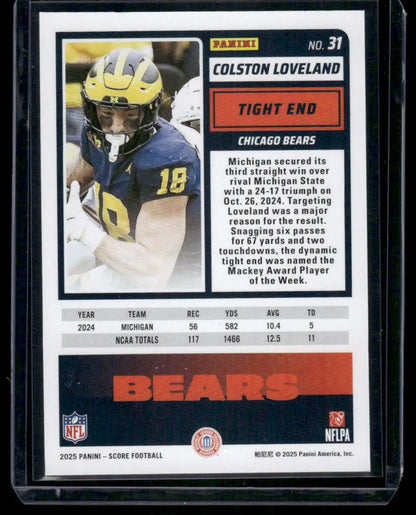 2025 Panini Score Rookie Colston Loveland #31 Red RC Football - Trading Card