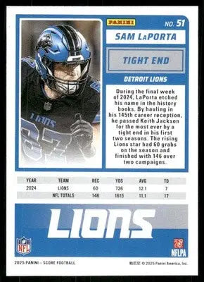 Football trading card featuring Sam LaPorta as Detroit Lions tight end from Panini Score Sam series