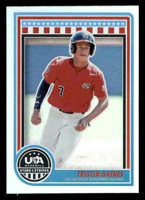 Baseball trading card of Tristin Gaines in red uniform from 2025 Panini Stars and Stripes USA Baseball