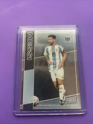 Lionel Messi soccer trading card in clear protective sleeve featuring 2025 PANINI THE NATIONAL diamond plate foil
