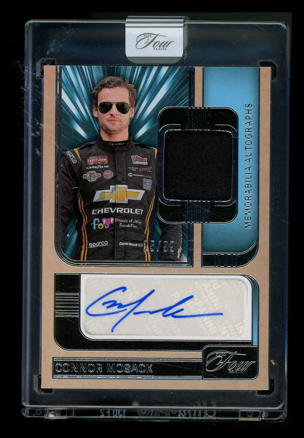 Panini Turn Four Connor Mosack racing card with autograph and memorabilia swatch