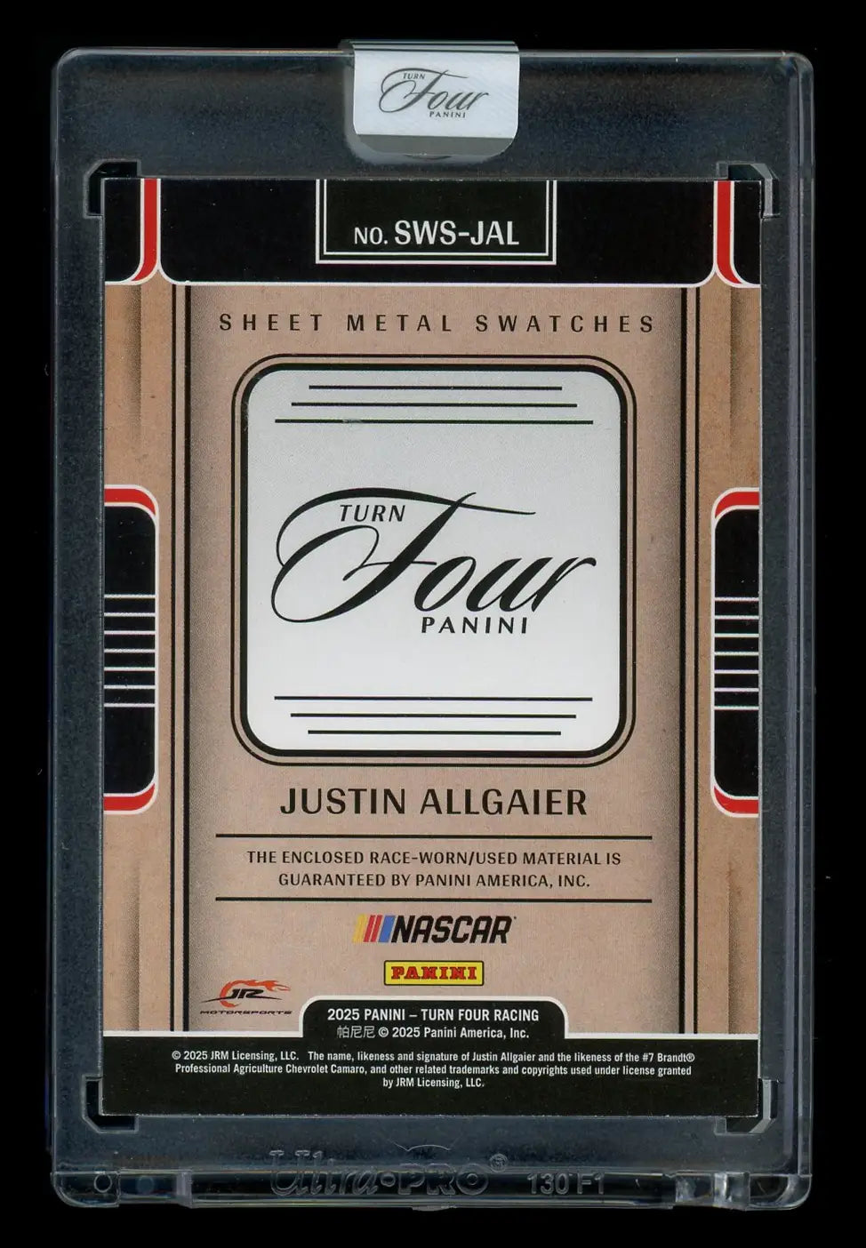 2025 Panini Turn Four Justin Allgaier #SWS-JAL Sheet Metal Swatch 12/35 Racing - Collectible Card