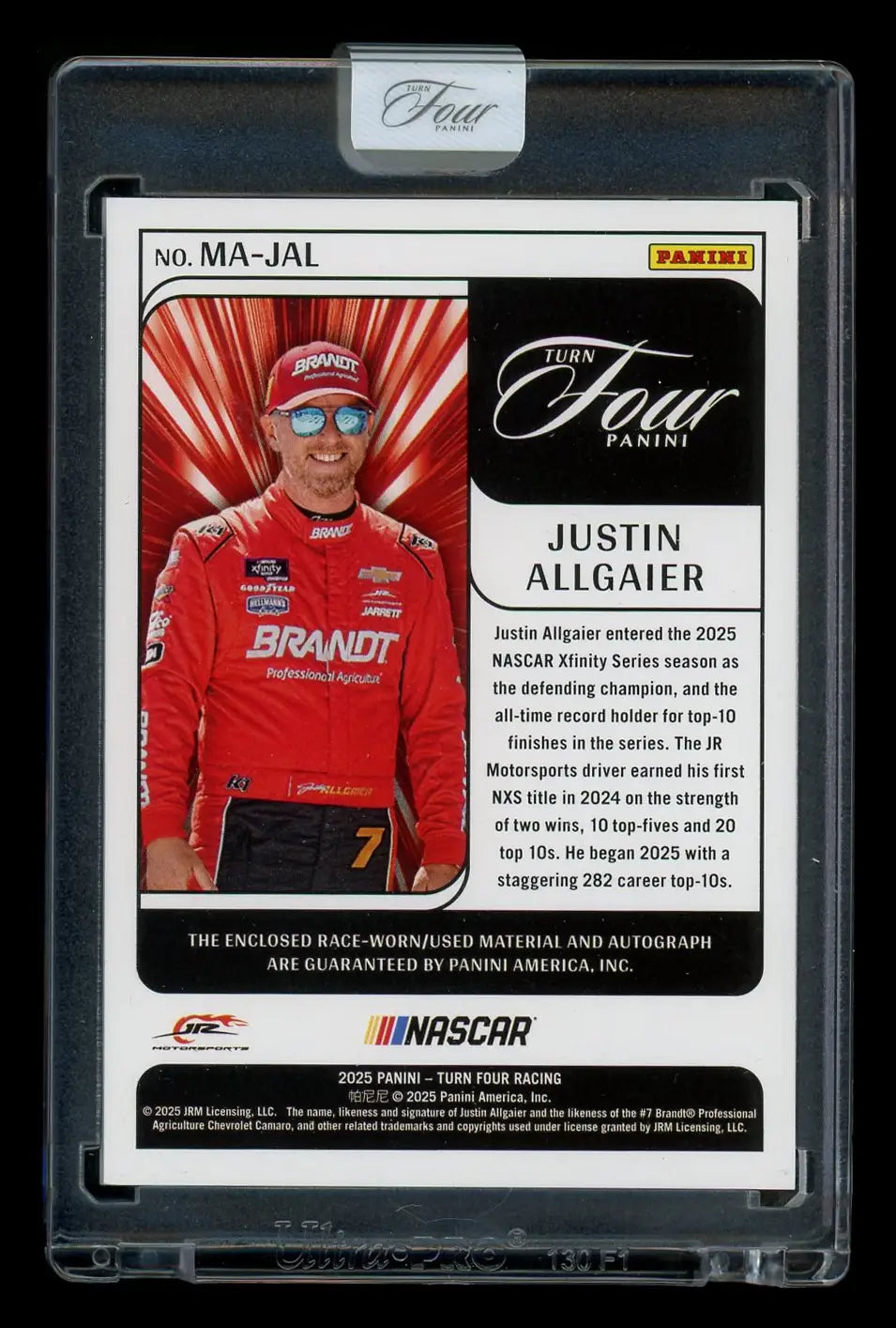 Justin Allgaier NASCAR trading card in protective case from 2025 Panini Turn Four Racing