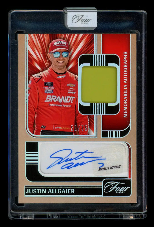 Panini Turn Four Racing Justin Allgaier trading card with autograph and memorabilia piece