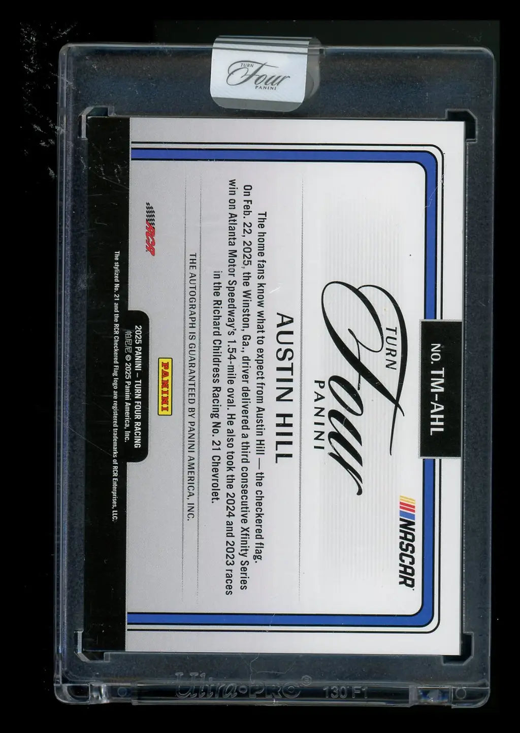 Nascar Austin Hill trading card in protective case from Panini Turn Four Timeless Moments