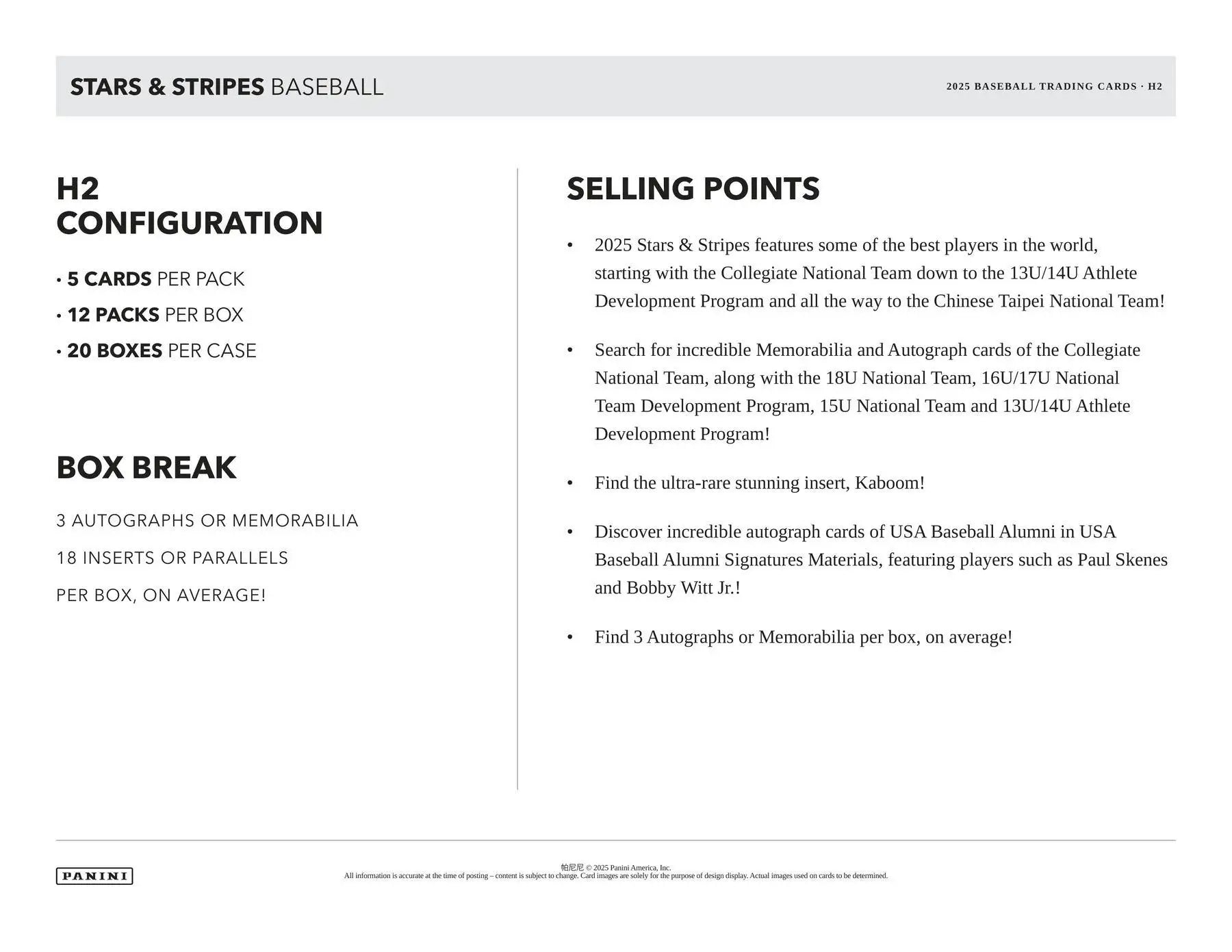 Product sheet for 2025 Stars & Stripes Baseball trading cards from USA Baseball development program