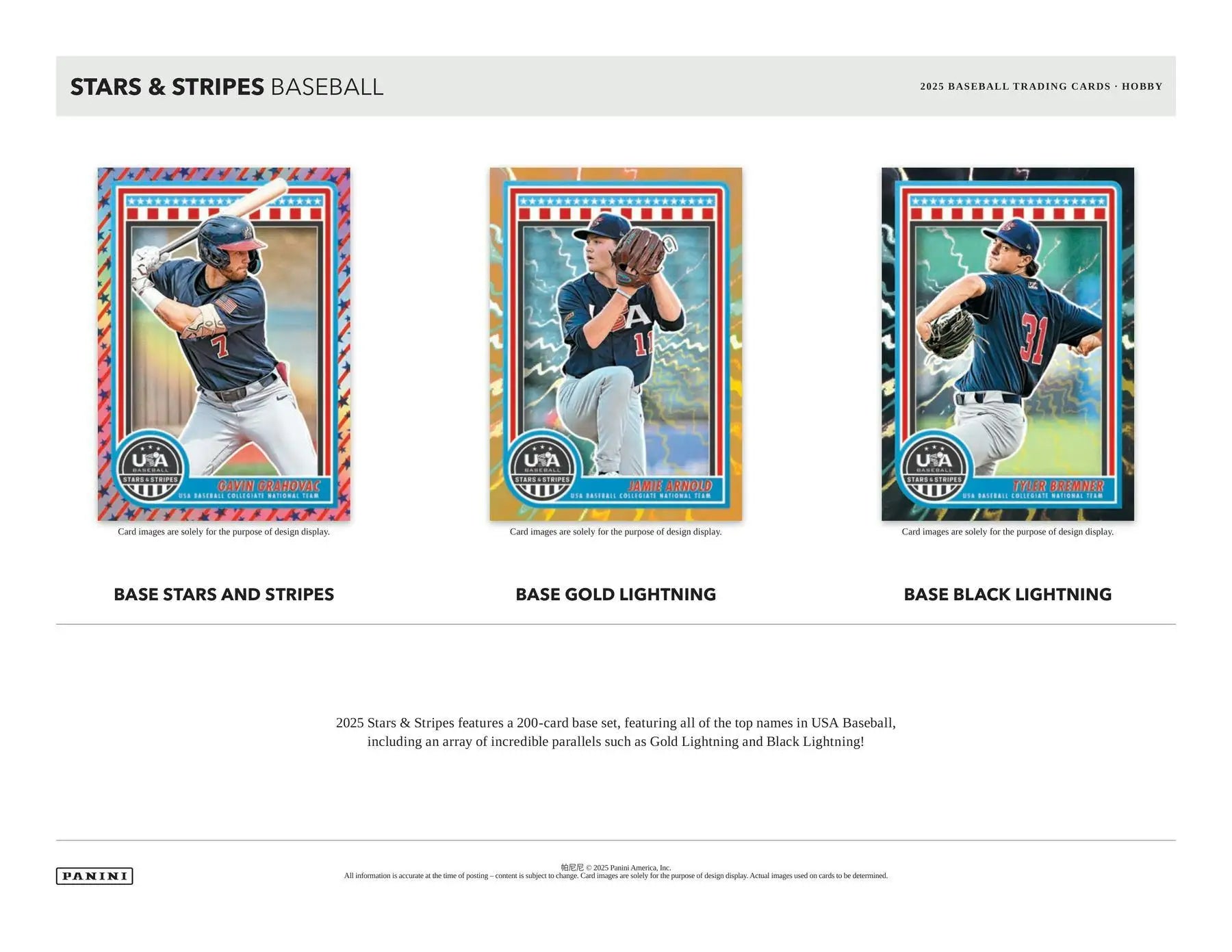 Baseball trading cards from the 2025 Panini USA Stars & Stripes Hobby Box featuring memorabilia and collegiate national team cards
