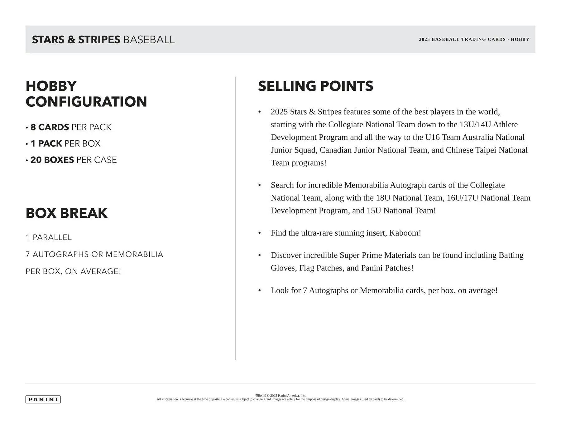 Baseball card product details featuring memorabilia cards from the 2025 Panini USA Stars & Stripes Hobby Box with national team highlights
