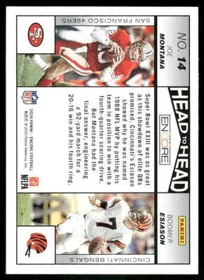 2024 Panini Encore Football trading card featuring Joe Montana and Boomer Esiason, head encore joe