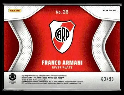 Red and white soccer trading card from Prizm FIFA Club World Cup series featuring Franco Armani