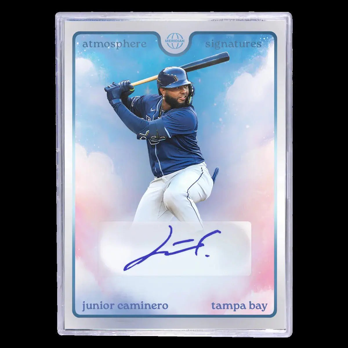 Baseball trading card of Junior Caminero with autograph from Pulse Meridian Baseball Hobby Box