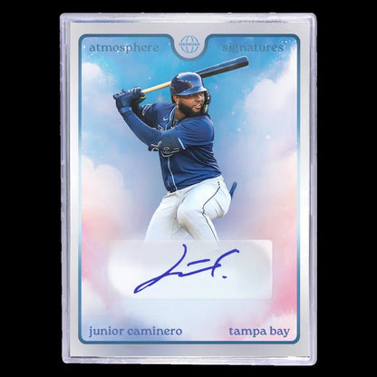 Baseball trading card of Junior Caminero with autograph from Pulse Meridian Baseball Hobby Box