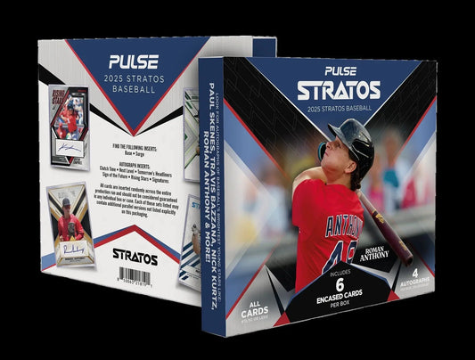 Pulse Stratos Baseball 2025 hobby box with collectible baseball card boxes displayed