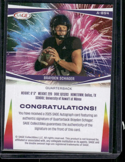 Sage Brayden Schager football trading card with authentic signature from 2025 SAGE series