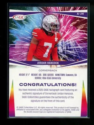 Sage Jordan Hancock football card from 2025 SAGE Jordan Hancock autograph collection