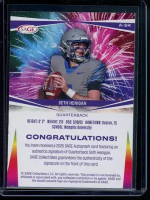 Sage Seth Henigan football card from 2025 SAGE set displaying Seth Henigan autographed card